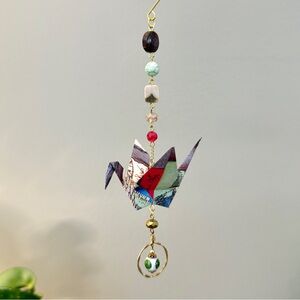 Origami Ornament #2337 - Medium Crane with Repurposed Pendant
